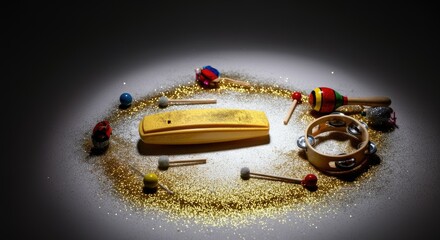 Various children's musical toys on glittery surface