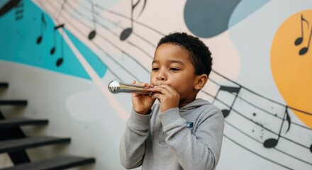 Young boy playing musical instrument beside wall art with music notes