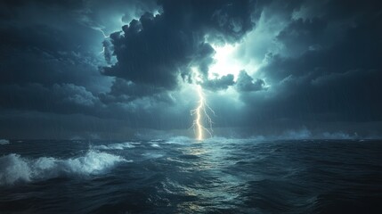 Dramatic lightning strikes over turbulent ocean waters during a night storm. Generative AI