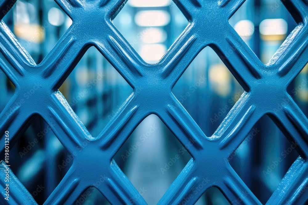 Poster close-up of a vibrant blue metal grid pattern, showing texture and depth of field.