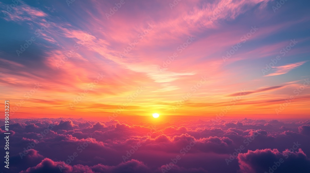 Poster vibrant sunset over fluffy clouds creating a scenic view in the evening sky. generative ai