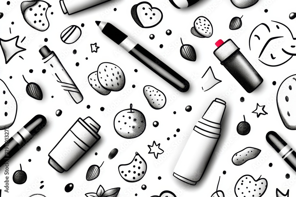 Poster A repeating pattern of small whiteboard icons with markers, drawn in simple black and white for a sleek design