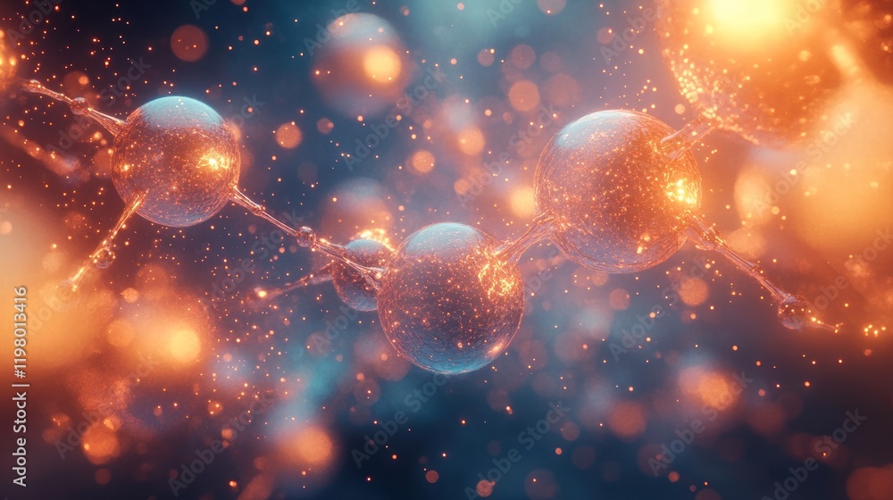 Poster colorful abstract depiction of molecular structures with glowing orbs and intricate connections in a