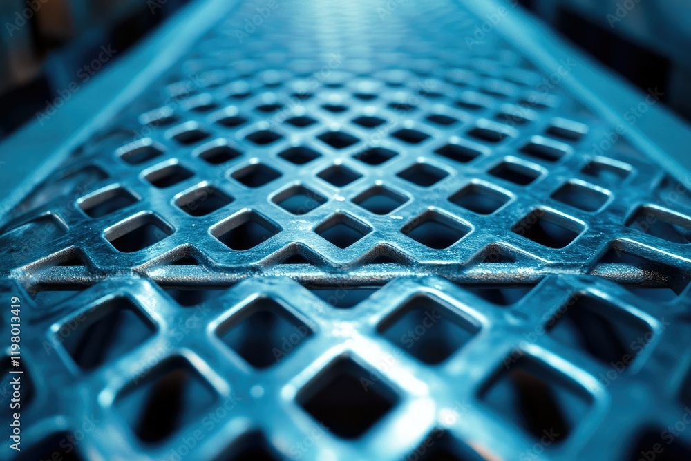 Poster close-up of a metallic grid surface with a repeating diamond pattern, showcasing its texture and ind