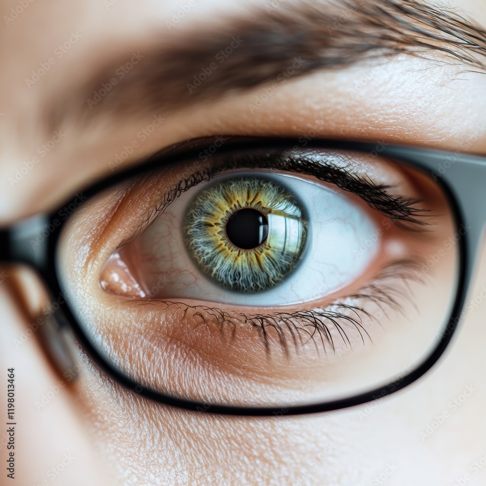 Aufkleber close up view of a human eye with glasses showing intricate details and vibrant colors in natural li