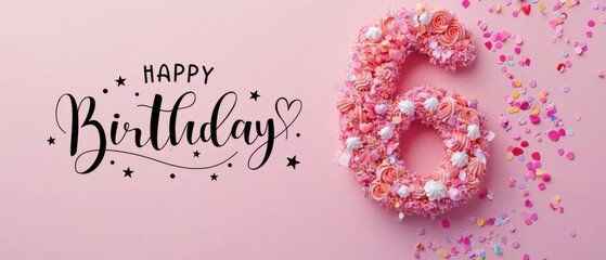 Naklejka premium Happy 6th Birthday Cake with Pink Sprinkles and Confetti