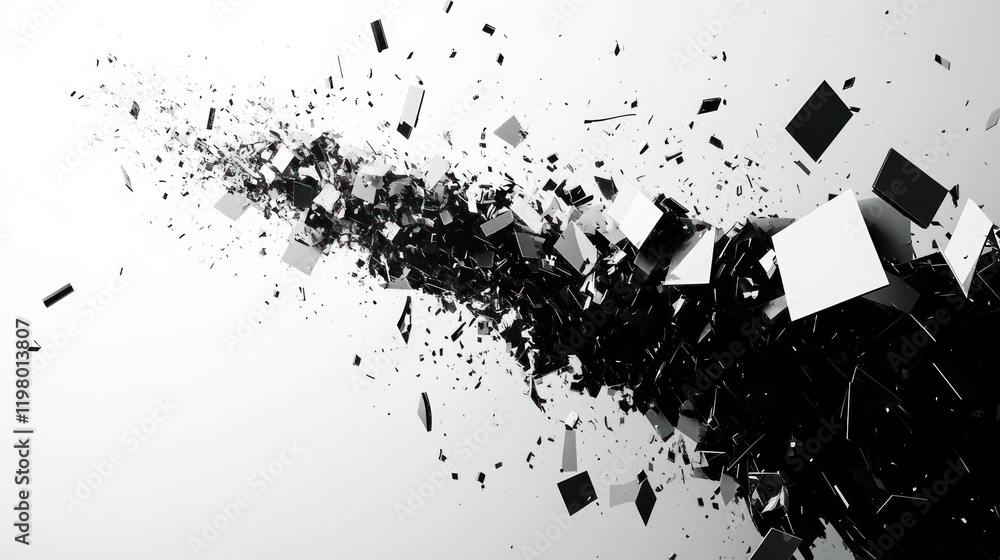 Poster dynamic explosion of black and white geometric shapes dispersing in a minimalist setting. generative