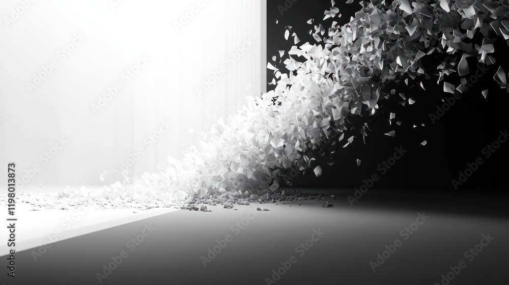 Aufkleber abstract composition showcasing white fragments flowing from a bright surface into a dark setting. g