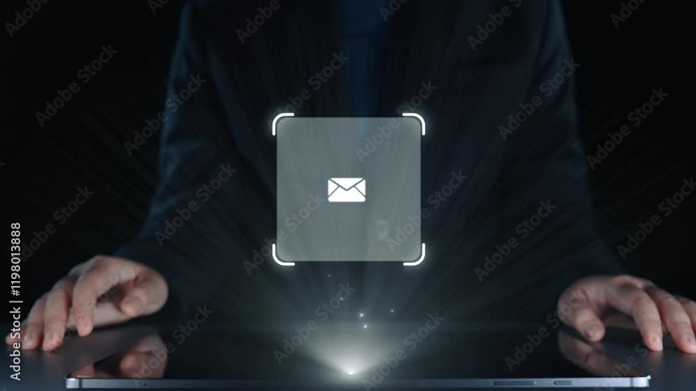 Poster business person checking email inbox, organizing and prioritizing messages for better productivity. 