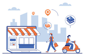 Naklejka premium Online shopping, e-commerce platform, laptop storefront, digital marketplace, city skyline background, tiny people shopping, delivery scooter, floating icons, credit card payment, shopping cart, cloud