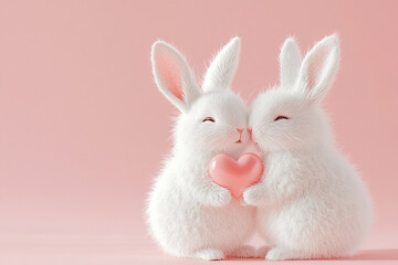 Obraz premium Cute bunnies kissing and holding a pink heart, Valentine's Day theme