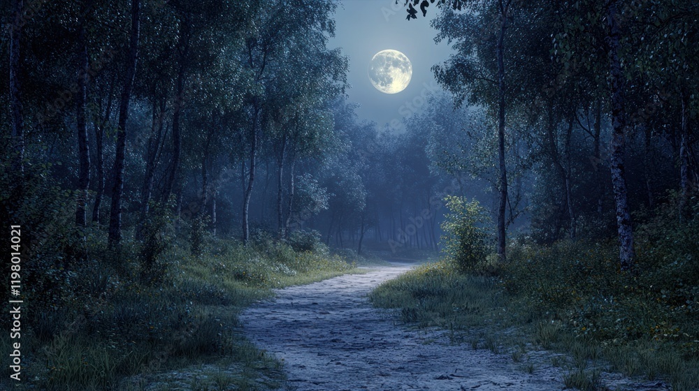 Poster moonlit path through a serene forest at night with soft illumination and tranquil atmosphere. genera