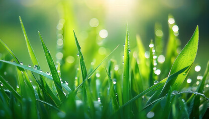 Fototapeta premium A close-up of morning dew on fresh green grass blades, glistening in the soft morning light. The blurred background creates a peaceful, natural atmosphere, perfect for spring-themed visuals.