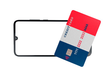 A plastic credit card with the image of the french flag lies on a smartphone with a blank screen (close-up on a transparent background). Paying with a credit card online for purchases in online store