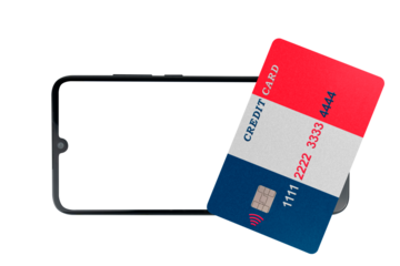 A plastic credit card with the image of the french flag lies on a smartphone with a blank screen (close-up on a transparent background). Paying with a credit card online for purchases in online store