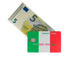 A plastic credit card with a pattern of the Italian flag lies on a 5 euro banknote (close-up on a transparent background)	