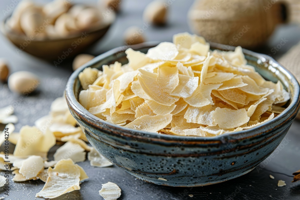 Poster thinly sliced coconut flakes overflowing a rustic bowl, creating a visually appealing display of tex
