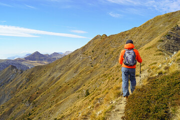 Fototapeta premium Hiking in beautiful places of Montenegro: a tourist with a backpack and hiking poles walks along a narrow path on a slope covered with yellow grass to the peak of Talijanka in Prokletije National Park