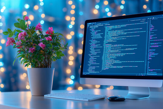 A computer monitor is on a desk with a potted plant in front of it