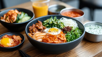 Black bowl of food with a fried egg