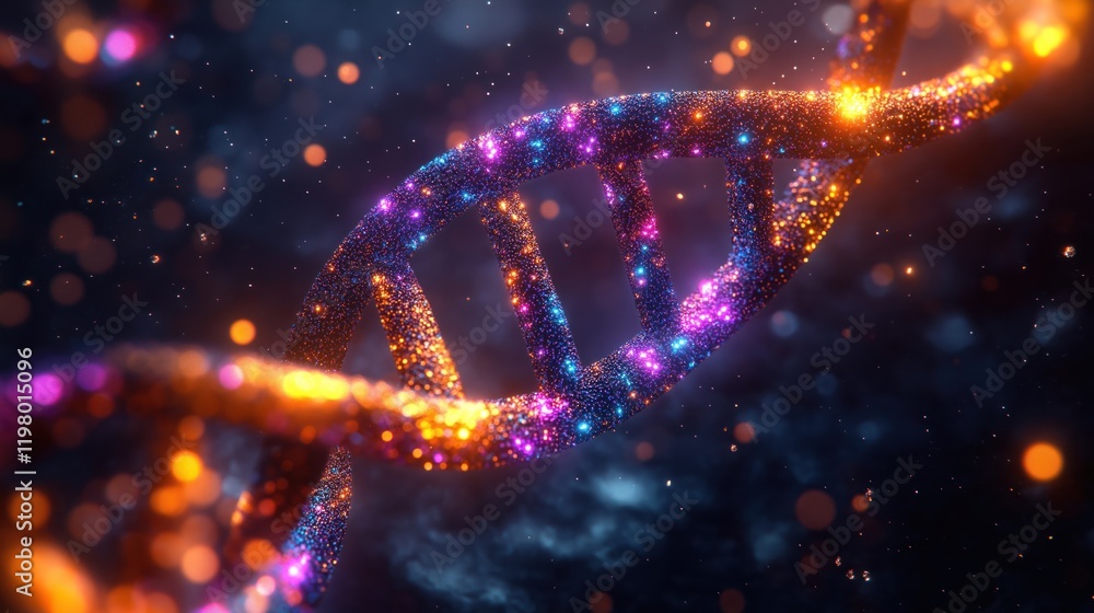 Poster abstract luminous dna helix glows brightly against dark cosmic background. colorful light particles 