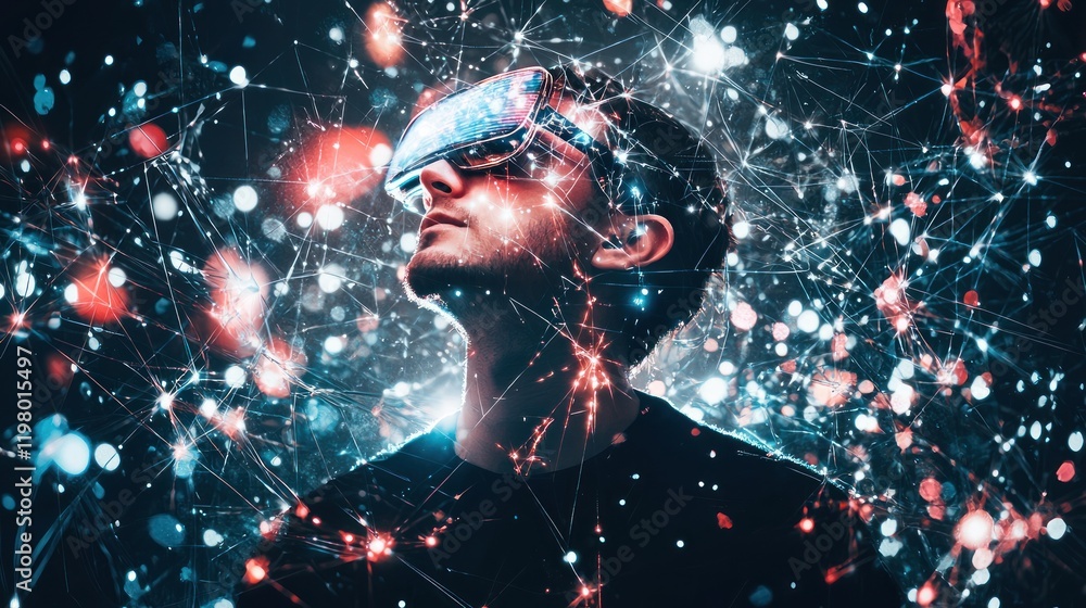 Poster man wearing vr headset immersed in digital network.