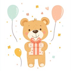 Bear holding present with balloons against white background, cute illustration for kids