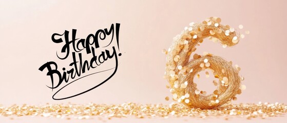 Naklejka premium Happy 6th Birthday Gold Glitter Number Six Celebration Image