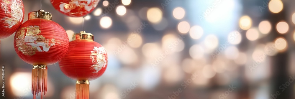 Poster red lantern with gold trim hangs from a string
