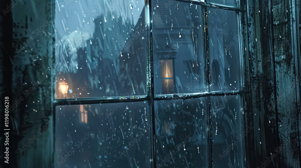 Poster window with raindrops on it and a blurry background. the raindrops are in different sizes and are sc