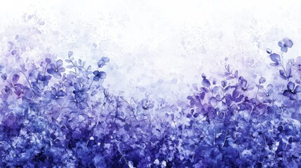 Obraz premium Watercolor painting of purple flowers and leaves on white background.