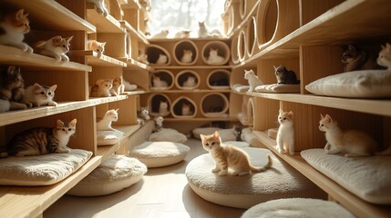 dynamic large cat house with baby kitten climbing through levels, surrounded by various breeds, clean design, minimalist balance, and innovative artful patterns for a unique perspective