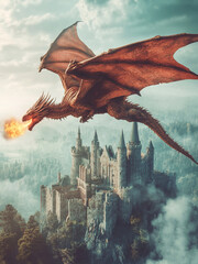 Dragon Flying Over Castle