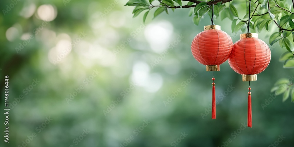 Poster two red lanterns hanging from a tree