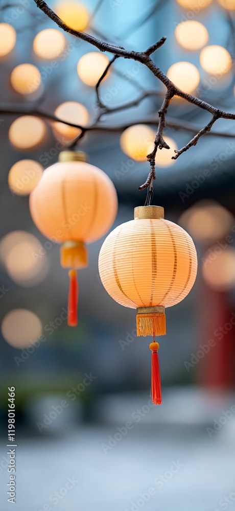 Poster two lanterns hanging from a tree branch