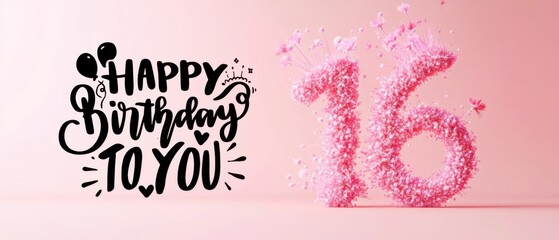 Happy 16th Birthday Floral Text and Number Design for Sweet Sixteen Celebration