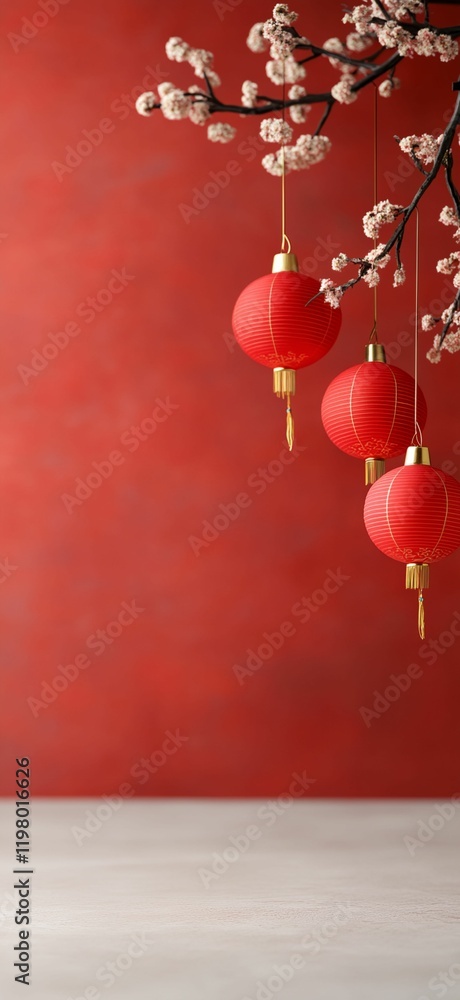 Poster three red lanterns hanging from a tree branch