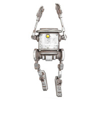 coolest robot is jumping up in white background on front view
