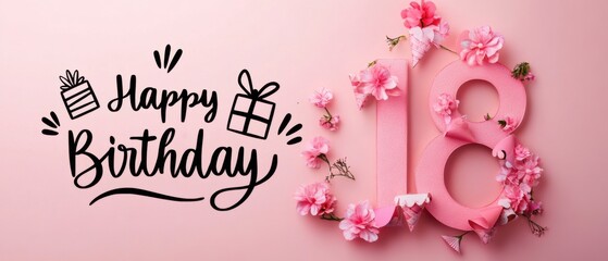 Naklejka premium Happy 18th Birthday Pink Floral Celebration Background