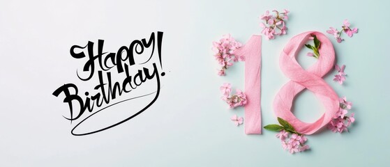 Naklejka premium Happy 18th Birthday Pink Floral Number Eighteen Celebration