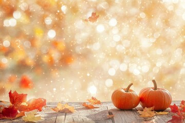 Two pumpkins are on a wooden table with autumn leaves scattered around them. The scene has a warm and cozy feeling, evoking the spirit of fall