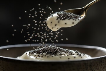 Obraz premium A spoonful of yogurt with black sesame seeds on top. The spoonful of yogurt is being scooped up and the black sesame seeds are falling out of the spoon