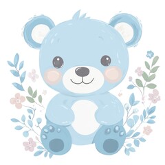 Fototapeta premium Cute blue teddy bear sitting amidst flowers; baby shower invitation