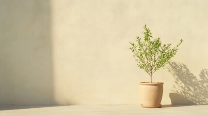 Small potted plant in sunlight against a light beige wall.