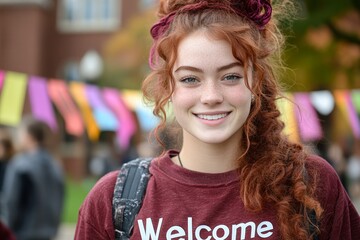 A university orientation day scene, with smiling students wearing â€œWelcomeâ€ badges and colorful campus flags in the background