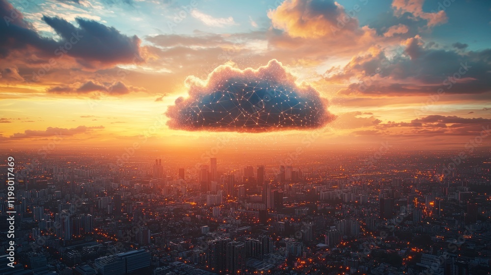 Aufkleber sunset cityscape with a cloud computing network.