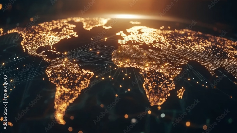 Poster illuminated digital world map illustrating global connections and network interactions