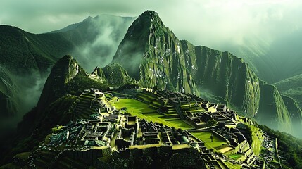   A digital painting depicts a city perched atop a mountain that straddles a valley, set against a backdrop of majestic mountains