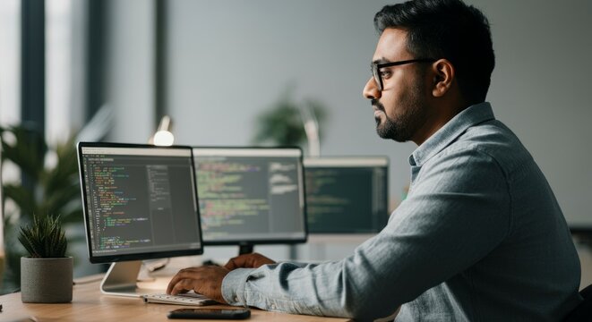 Man is sitting at a desk with two computer monitors in front of him
