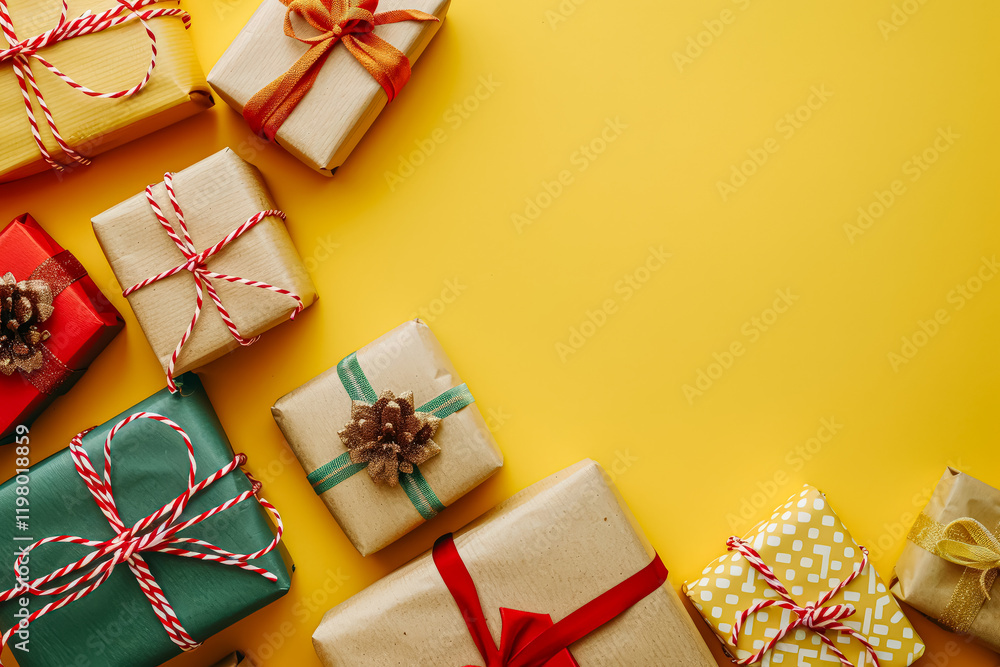 Poster stack of colorful boxes with a yellow background. the boxes are piled on top of each other, creating